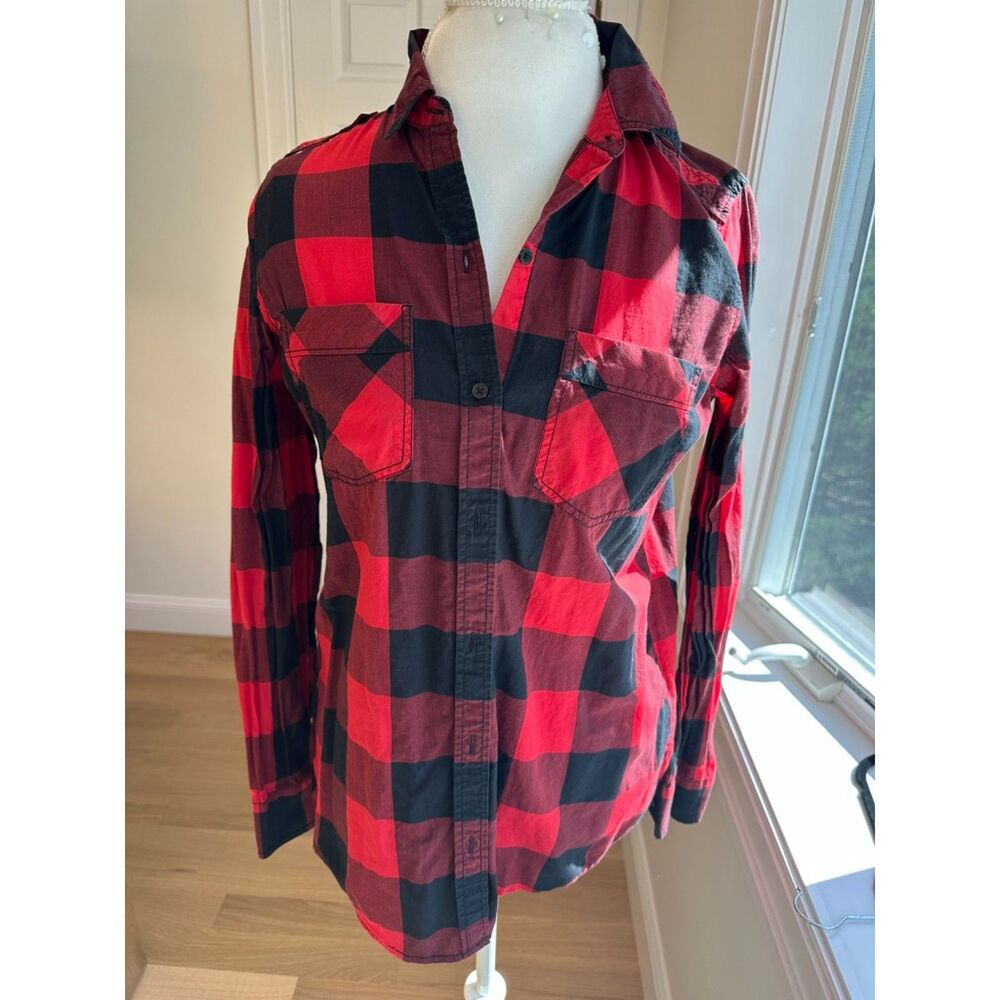 Express Boyfriend Buffalo Plaid Shirt XS Red Black Flannel Button Down